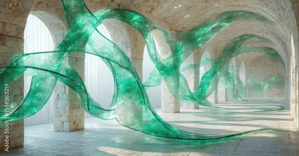 Poster stone arches support flowing green glass sculpture. light filters through creating soft shadows, ele
