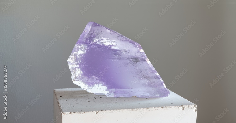 Poster purple crystal rests upon white pedestal. light refracts, creating subtle gradients within stone str