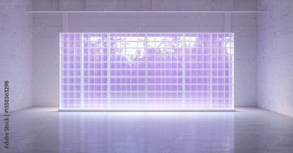 Leinwandbilder minimalist interior features illuminated glass block wall. bright purple glow emanates from structur