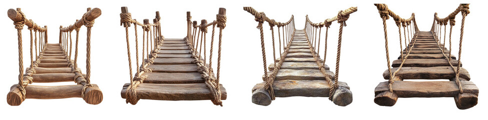 Obraz premium Collection of jungle hanging bridges made of ropes and wooden planks, isolated on a transparent background