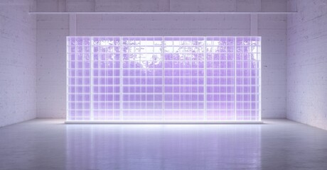 Minimalist interior features illuminated glass block wall. Bright purple glow emanates from structure, creating stark contrast against concrete surfaces. Empty space dominates scene.