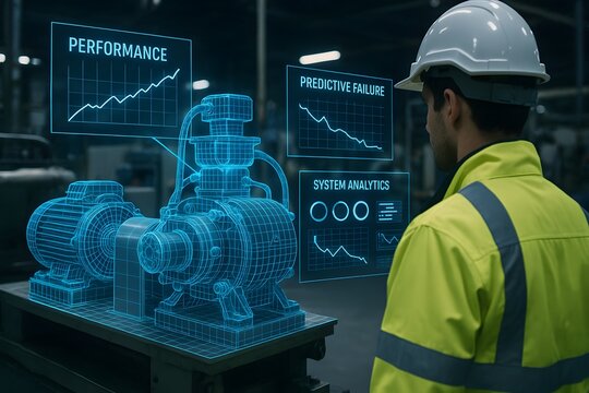 Factory Worker Viewing AR Digital Twin of Industrial Pump with Performance and Failure Analytics Overlays in Smart Maintenance Setting