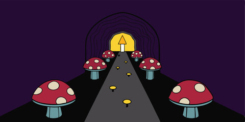 Obraz premium Enchanted Mushroom Pathway A Journey Through a Mystical Tunnel