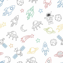 A seamless pattern features playful space-themed doodles, including rockets, UFOs, and astronauts, drawn with simple colored outlines on a white background. Vector Patterns
