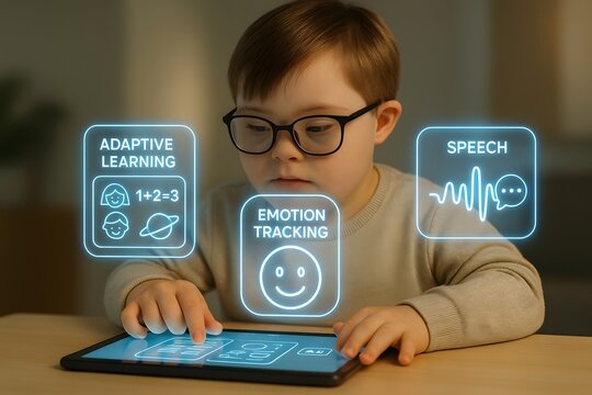 Child with Special Needs Using Tablet with AR Interface Showing Adaptive Learning, Emotion Tracking, and Speech Support in Inclusive Smart Classroom