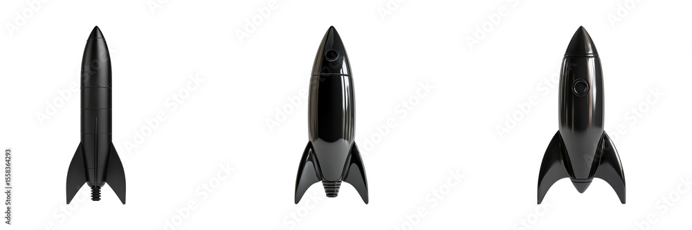 Poster black rocket model set. futuristic spacecraft design collection isolated on transparent background