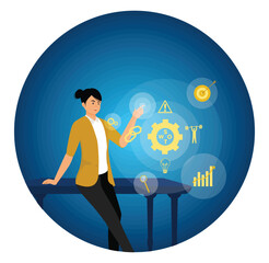 Businesswoman Interacting with Virtual SWOT Analytics and Planning Interface