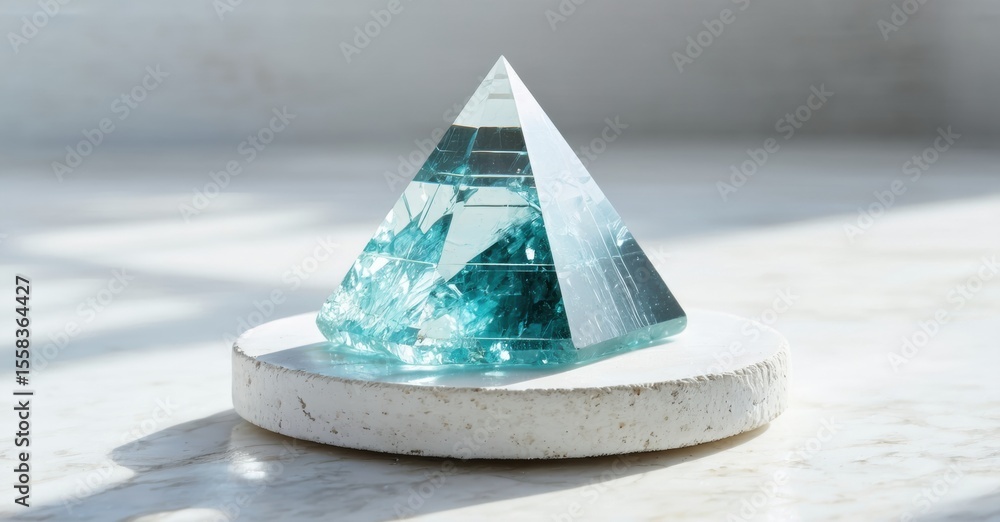 Aufkleber crystal pyramid rests upon stone base. light reflects, creating internal sparkle. minimalist composi