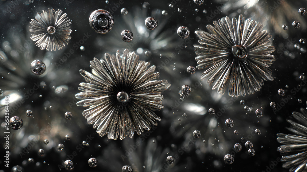 Poster abstract metal structures with floating bubbles artistic macro underwater display