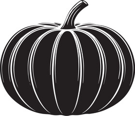 Black silhouette of pumpkin with stem in flat Halloween-style vector, spooky vegetable icon for autumn, holiday, harvest, decoration, fall season, horror, festival, and party design themes