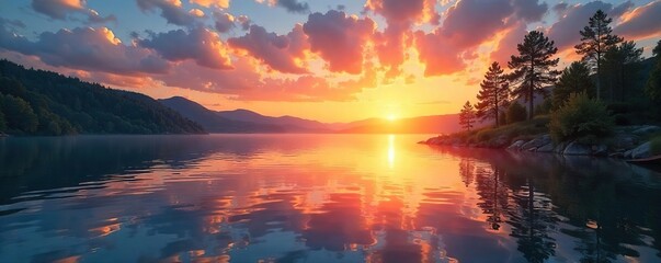 Serene Lakeside Sunset Tranquil Water, Peaceful Sky, Perfect for Relaxation and Unwinding. Idyllic Escape, Calmness, Meditation, Nature Scene.