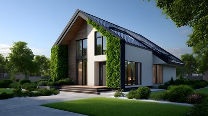 Fototapeta premium A modern house with a natural, landscaped exterior