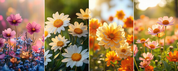 Floral collage showcasing a variety of colorful flowers bathed in sunlight, displaying nature's beauty and vibrant hues. #flowers #nature