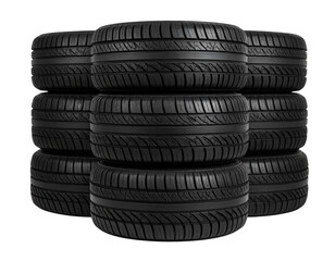  Stack of Black Rubber Tires in Vertical Pile, front view, isolated on transparent background PNG