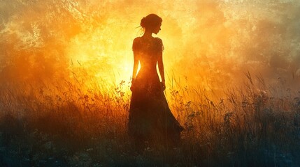 A woman with an ethereal glow, backlit by a sunrise, pure elegance