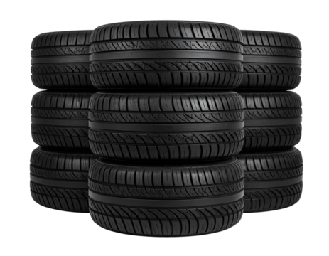  Stack of Black Rubber Tires in Vertical Pile, front view, isolated on transparent background PNG