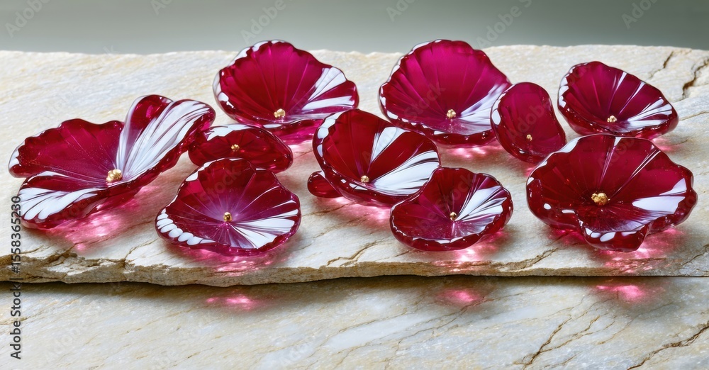 Poster Ruby petals rest upon beige surface. Delicate glasswork displays swirling white patterns, creating vibrant floral display. Light reflects beautifully.