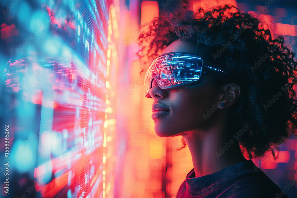 Poster futuristic artificial intelligence humanoid interacting with a virtual reality holographic interface