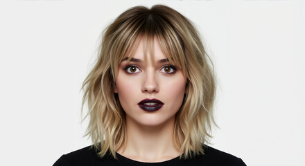 Woman with layered blonde shag haircut with curtain bangs on gray background. Hair cutting and texturing demonstration for salon layering and modern styling services