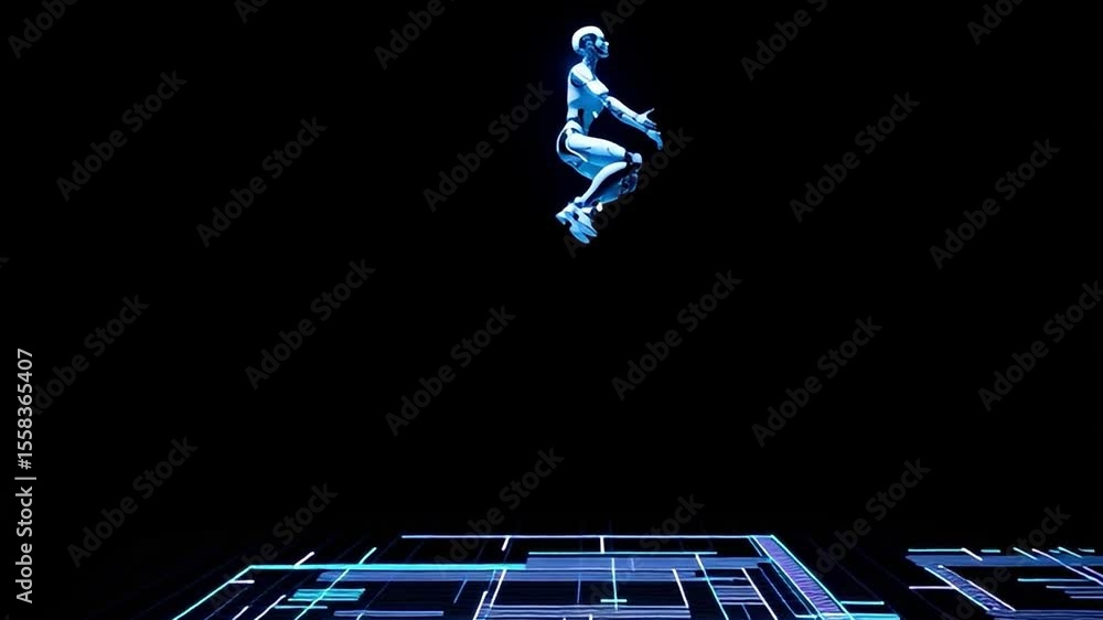Poster futuristic robot in motion on a glowing grid platform
