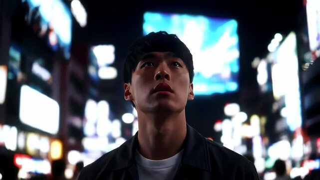 Young Asian man standing on a city street at night, looking around curiously with a thoughtful expression, surrounded by glowing urban lights and tall buildings