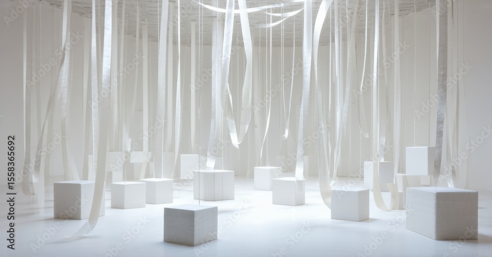 Poster minimalist installation. white cubes populate space, suspended ribbons create ethereal atmosphere. l