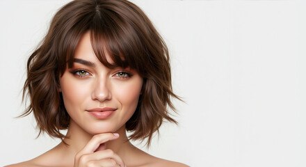 Woman with brown bob haircut with bangs touching chin on white background. Hair cutting and styling demonstration for salon precision cutting and layering services
