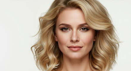 Woman with blonde wavy hair flowing in motion on beige background. Long layered hairstyle with golden highlights for salon styling and hair transformation services