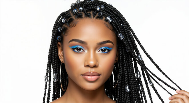 African American woman with black box braids decorated with silver beads and blue eyeshadow on white background. Traditional protective hairstyle with metallic accessories
