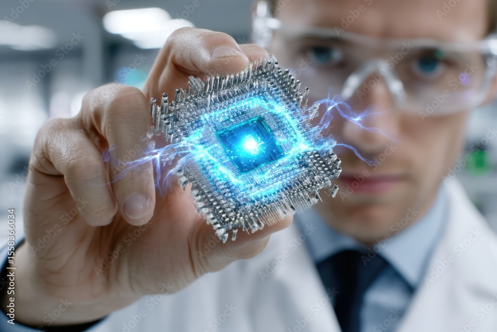 Poster scientist demonstrates new technology with glowing microchip in laboratory environment