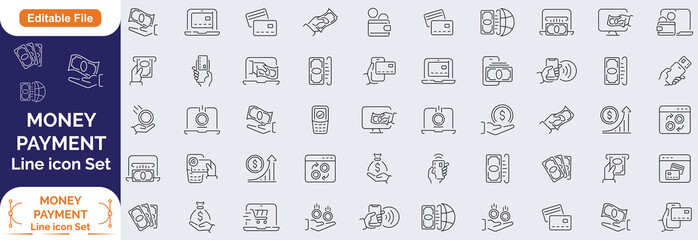 Money Payment Line icon set. Containing finance, money, banking, credit card, exchange, cash, payment methods, money transfer, bill, receipt, ATM, purchase and more. Editable line icons. 