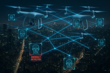 Surveillance Drones Monitoring City Skyline with Facial Recognition and AI Anomaly Detection Network at Night