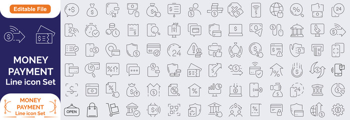 Money Payment Line icon set. Containing finance, money, banking, credit card, exchange, cash, payment methods, money transfer, bill, receipt, ATM, purchase and more. Editable line icons. 