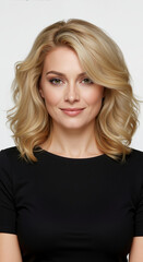 Naklejka premium Woman with shoulder length blonde wavy hair with highlights on white background. Hair coloring and styling demonstration for salon balayage and wave creation services