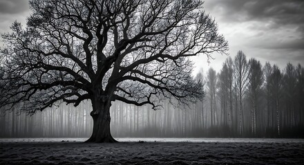 A solitary, majestic oak tree stands stark against a misty, monochromatic forest landscape under a brooding sky.