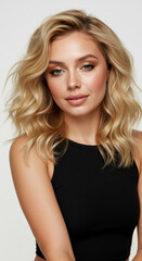 Naklejka premium Woman with blonde wavy shoulder length hair with golden highlights on gray background. Layered hairstyle with loose waves for salon styling and hair transformation services