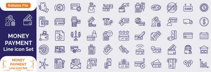 Money Payment Line icon set. Containing finance, money, banking, credit card, exchange, cash, payment methods, money transfer, bill, receipt, ATM, purchase and more. Editable line icons. 