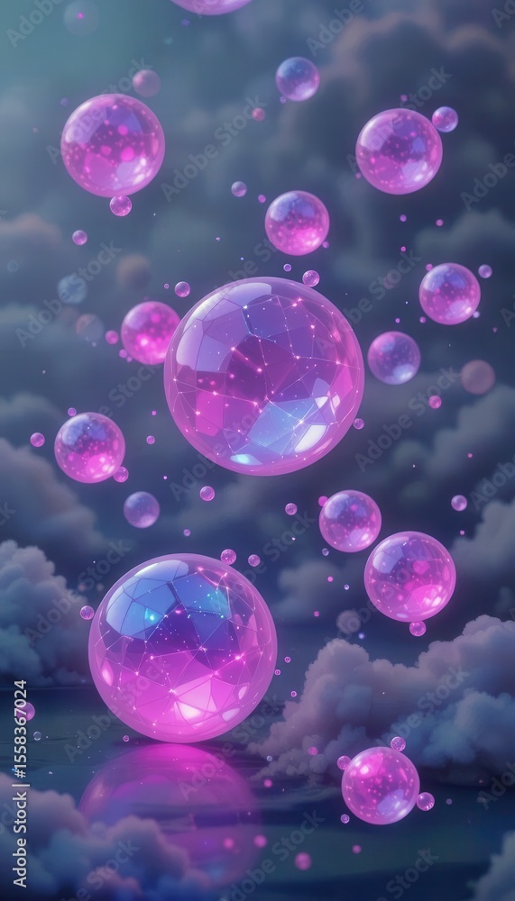 Poster colorful bubbles floating in a dreamy atmosphere with clouds and reflections