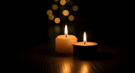 Two burning candles on dark background