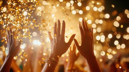 Crowd enjoying live music at a vibrant amidst raising hands in excitement as colorful confetti falls lights dazzling bokeh concert,