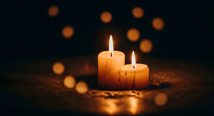 Two burning candles on dark background