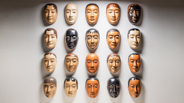 A collection of 18 sculpted masks arranged in a 3x6 grid pattern against a pure white background