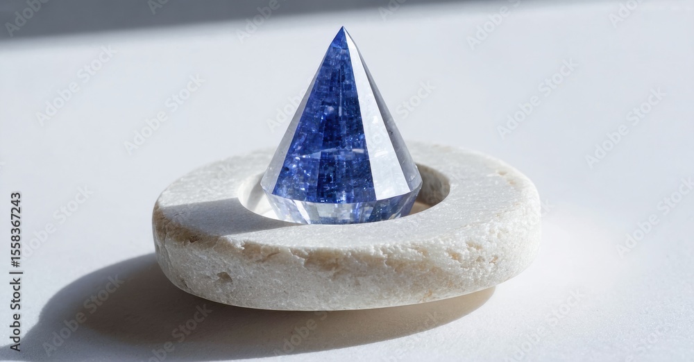 Poster blue gemstone rests upon white stone base. sharp facets reflect light, creating striking visual cont