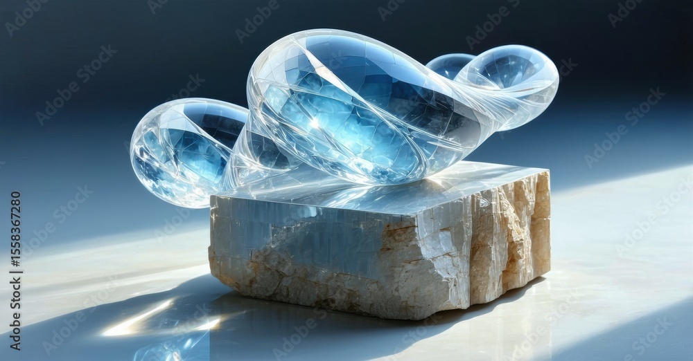Poster abstract sculpture, glass forms atop stone base. light reflects, creating dynamic shadows, cool tone