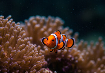 underwater view photo of coral reef with nemo fish