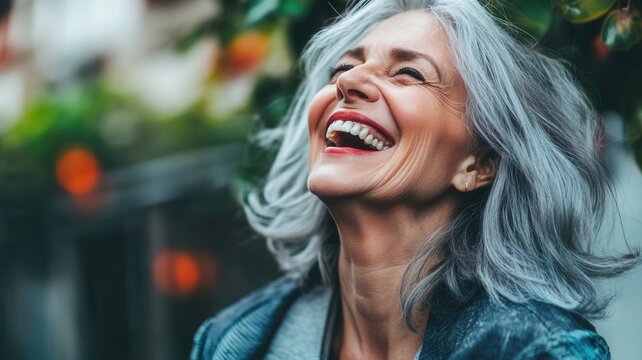 Mature woman with gray and laughing joyfully, enjoying sunlight hair expressing genuine happiness outdoors