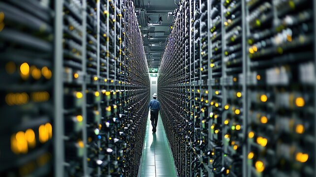 Server room and walking through corridor, checking network server racks for performance technician maintaining cybersecurity infrastructure