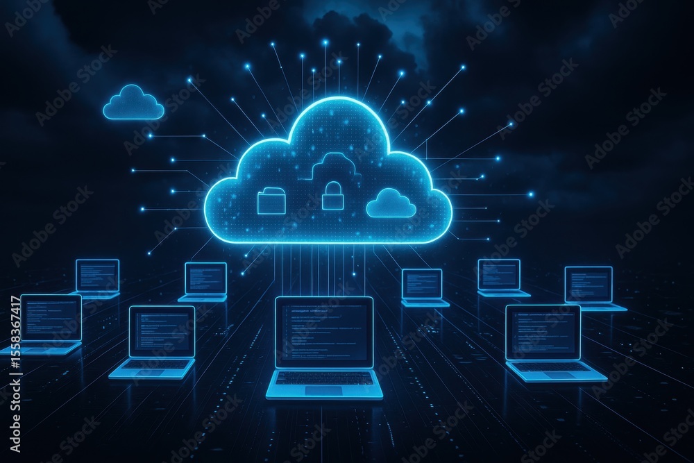 Fototapete Cloud Computing Network: Digital illustration of a cloud network connecting multiple laptops, symbolizing the interconnectedness of modern technology in the era of cloud computing.