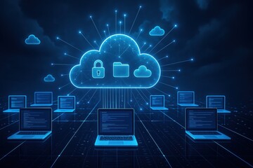 Cloud Computing: A futuristic digital illustration depicts interconnected laptops converging towards a luminous cloud.