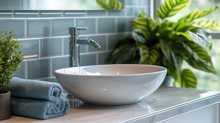 Fototapeta premium Sleek chrome faucet atop white ceramic basin, framed by azure tiled wall in contemporary bathroom setting
